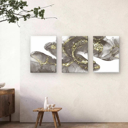 3pcs Black , Grey and Gold Fluid Marble Abstract Wall Art Set Canvas Framed 50x70cm - High Quality Print 100% Australian Made Wall Canvas Ready to Hang