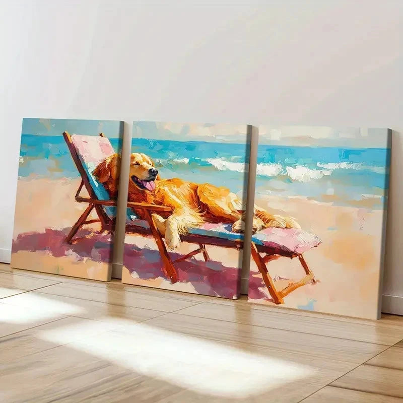 3pcs Beach Scene Golden Retriever Painting   Wall Art Set Canvas Framed 50x70cm - High Quality Print 100% Australian Made Wall Canvas Ready to Hang - Bella Home Decor