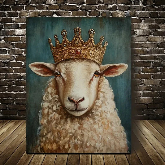 Beautiful Crowned Sheep Portrait Whimsical Painting 40x60cm Metal Print Ready to Hang - Bella Home Decor