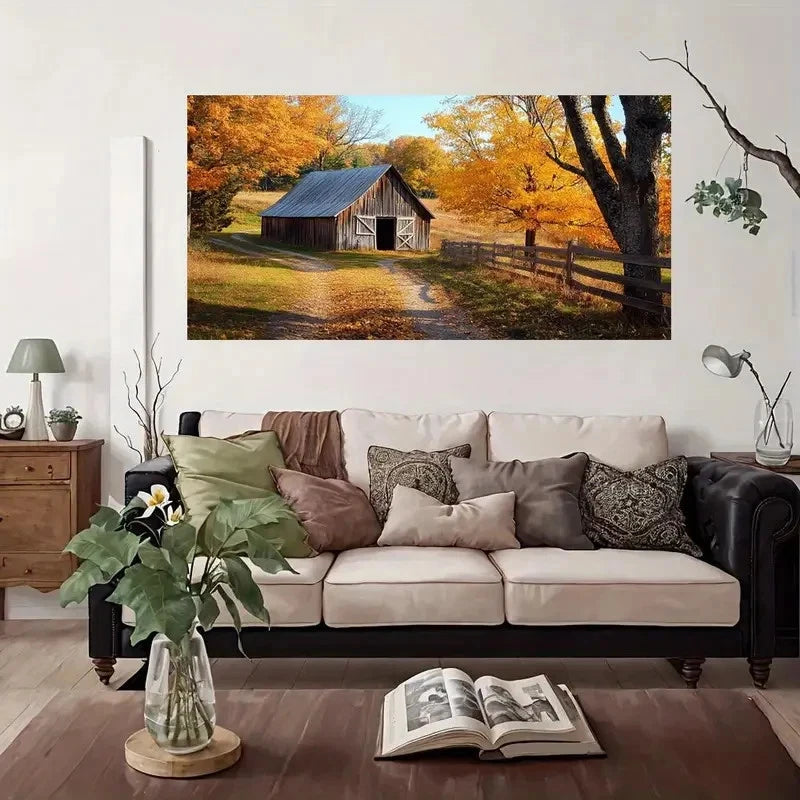 Barn & Autumn Landscape Wall Art Canvas Office Home Room Framed 120x60cm