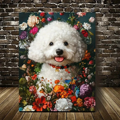 Cute Bichon Frise Dog with Vibrant Floral Painting 40x60cm Metal Print Ready to Hang - Bella Home Decor
