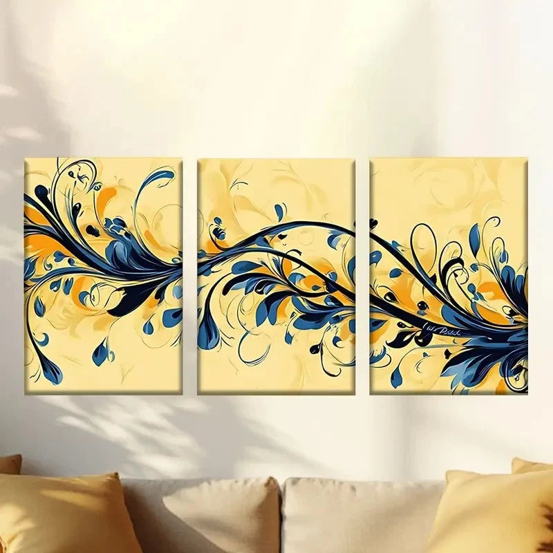 3pcs  blue and yellow floral design on a yellow  Wall Art Set Canvas Framed 40x60cm - High Quality Print 100% Australian Made Wall Canvas Ready to Hang - Bella Home Decor