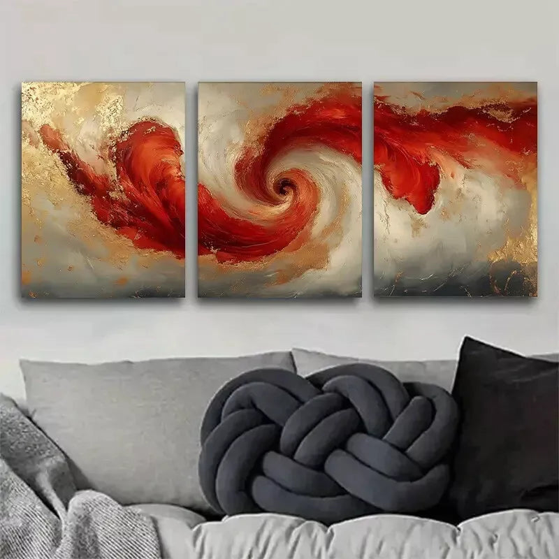 3pcs Abstract Modern Red Golden Swirling Flow Wall Art Set Canvas Framed 50x70cm - High Quality Print 100% Australian Made Wall Canvas Ready to Hang