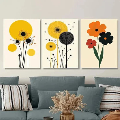 3pcs Modern Floral Vibrant Yellow, Orange & Red Wall Art Set Canvas Unframed - High Quality Print 100% Australian Made Wall Canvas