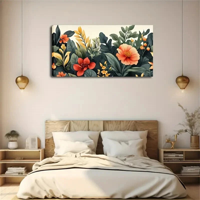 Orange Red Yellow Green Floral Wall Art Canvas Office Home Room Framed 120x60cm