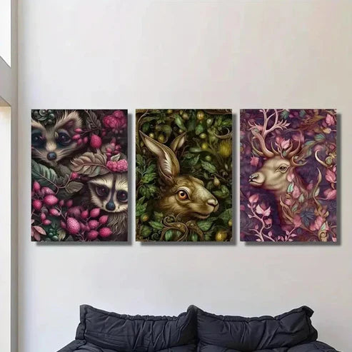 3pcs Raccoon, Rabbit & Deer in Floral & Fruity Wall Art Canvas Unframed - High Quality Print 100% Australian Made Wall Canvas
