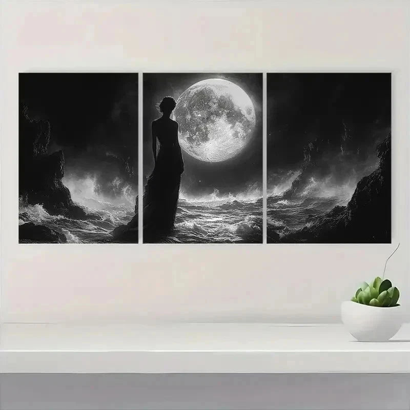 3pcs Black Hecate Moon Ocean Scene i  Wall Art Set Canvas Framed 50x70cm - High Quality Print 100% Australian Made Wall Canvas Ready to Hang - Bella Home Decor