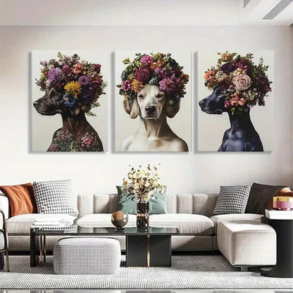 3pcs Floral Dog Portrait Crowns Adorable Perfect Wall Art Set Canvas Unframed - High Quality Print 100% Australian Made Wall Canvas