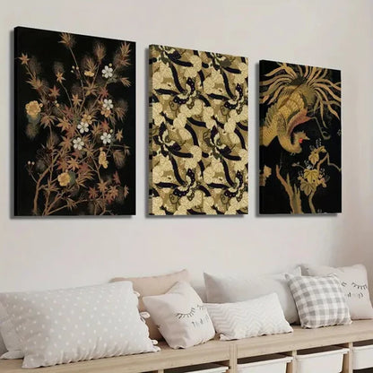3pcs Dark Japanese Botanical Floral & Bird Wall Art Set Canvas Unframed - High Quality Print 100% Australian Made Wall Canvas - Bella Home Decor