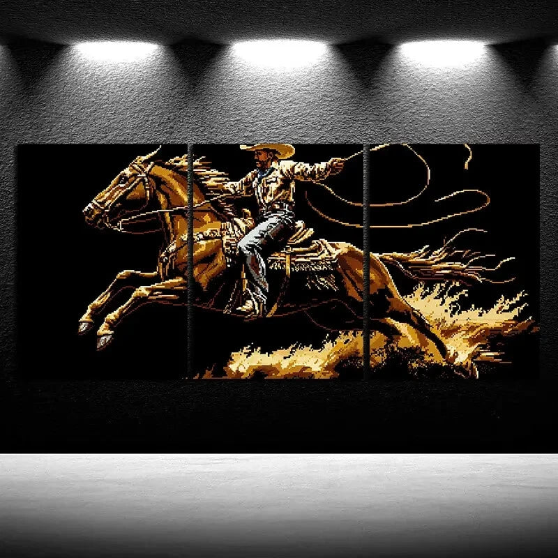 3pcs A For Man Riding a Horse Black & Gold Metal Print Ready to Hang Art - Bella Home Decor