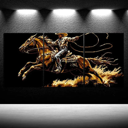 3pcs A For Man Riding a Horse Black & Gold Metal Print Ready to Hang Art - Bella Home Decor
