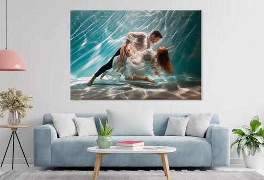 Happy Couple Swimming Underwater Wall Art Decor 100% Australian Made