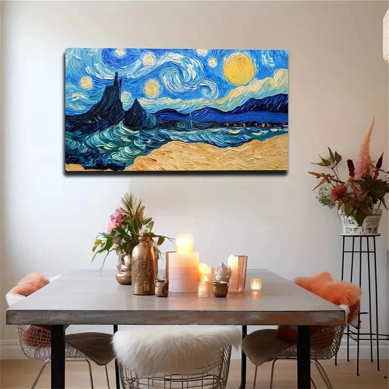 Van Gogh's Starry Sky And Earth Wall Art Canvas Office Home Room Framed 120x60cm