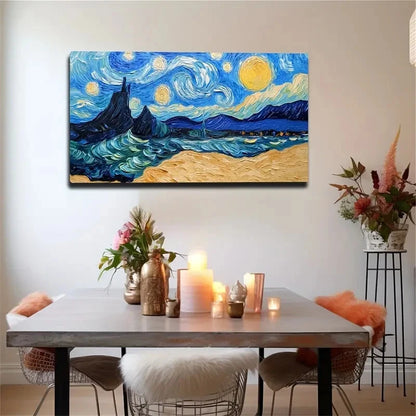 Van Gogh's Starry Sky And Earth Wall Art Canvas Office Home Room Framed 120x60cm