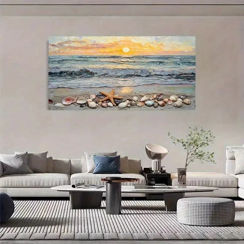 Coastal Sea View With Shells Wall Art Canvas Office Home Room Framed 120x60cm