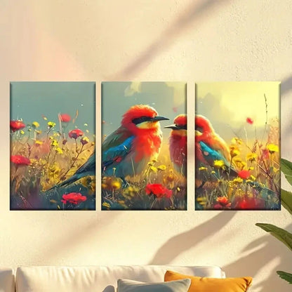 3pcs  Two Birds Sitting on a Field of Flowers  Wall Art Set Canvas Framed 60x90cm - High Quality Print 100% Australian Made Wall Canvas Ready to Hang - Bella Home Decor