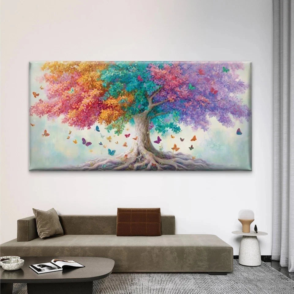 Vibrant Tree with Butterflies Wall Art Canvas Office Home Room Framed 120x60cm
