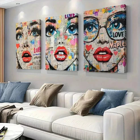 3pcs Pop-Art Style Female Face Triptych Wall Art Set Wall Art Canvas Unframed - High Quality Print 100% Australian Made Wall Canvas