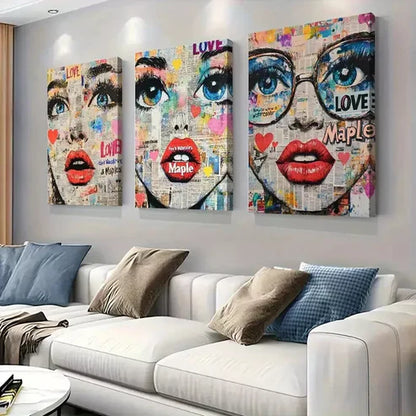 3pcs Pop-Art Style Female Face Triptych Wall Art Set Wall Art Canvas Unframed - High Quality Print 100% Australian Made Wall Canvas