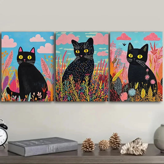3pcs A black cat Wall Art Set Canvas Framed 40x60cm - High Quality Print 100% Australian Made Wall Canvas Ready to Hang