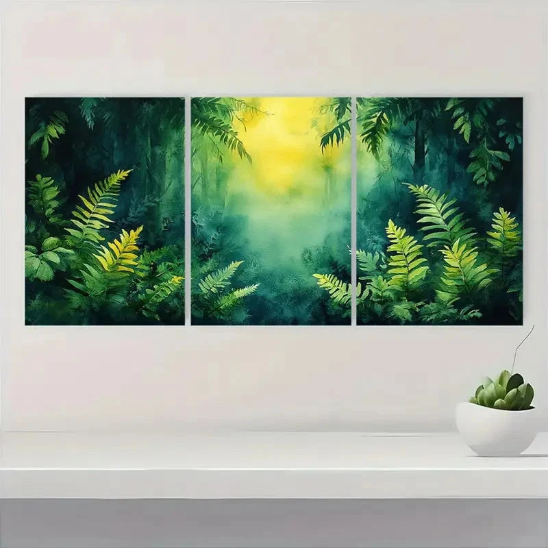 3pcs Vibrant Green Leaves & Yellow Accents YA Wall Art Set Canvas Framed 60x90cm - High Quality Print 100% Australian Made Wall Canvas Ready to Hang - Bella Home Decor