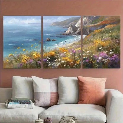 3pcs Coastal Landscape Wildflower Meadow Perfect Wall Art Set Canvas Framed 60x90cm - High Quality Print 100% Australian Made Wall Canvas Ready to Hang - Bella Home Decor