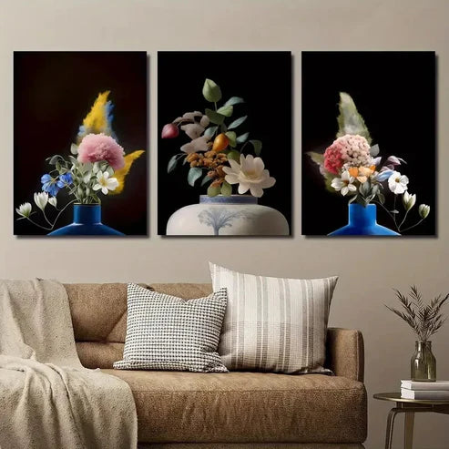 3pcs Vibrant Colorful Flower Bouquets in Vases Wall Art Set Canvas Unframed - High Quality Print 100% Australian Made Wall Canvas