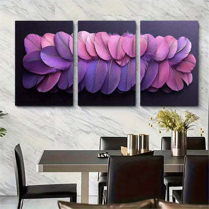 3pcs Purple Feather Texture Metal Print Ready to Hang Art