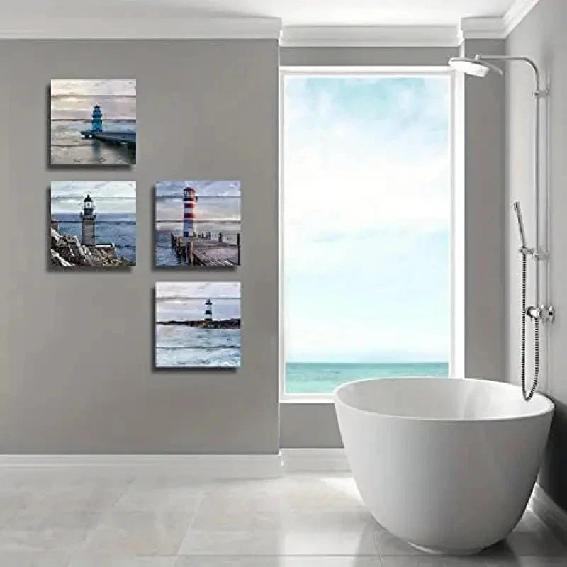 4pcs Nautical Lighthouse Wall Art Canvas Framed