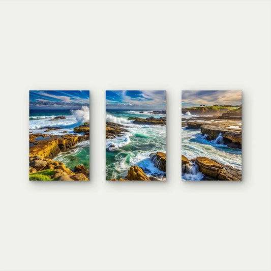 3pcs Crashing Ocean Waves Rocky Blue Wall Art Set Canvas Framed 50x70cm - High Quality Print 100% Australian Made Wall Canvas Ready to Hang