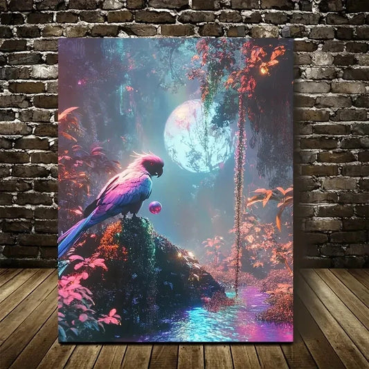 Cyberpunk Parrot in Magical Forest with Rain Painting 40x60cm Metal Print Ready to Hang