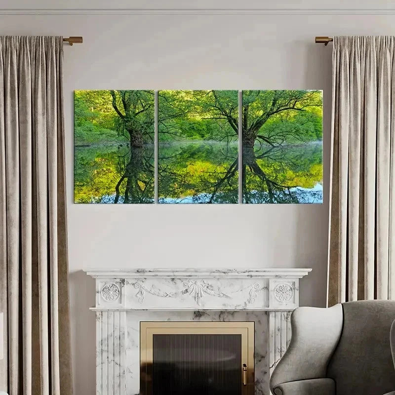 3pcs Green Trees Woods Lake Forest Modern Wall Art Set Canvas Framed 50x70cm - High Quality Print 100% Australian Made Wall Canvas Ready to Hang