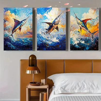3pcs Sailfish & Frigate Vibrant Blue & Golden  Wall Art Set Canvas Unframed - High Quality Print 100% Australian Made Wall Canvas