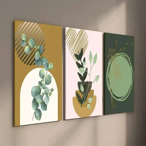 3pcs Green & Golden Eucalyptus Leave & Dandelion Wall Art Set Canvas Unframed - High Quality Print 100% Australian Made Wall Canvas