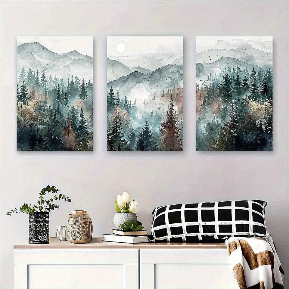 3pcs Abstract Mountain and Forest Landscape Metal Print Ready to Hang Art - Bella Home Decor