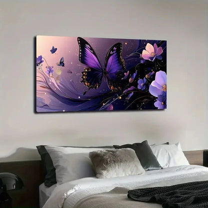 Elegant Purple Butterfly Golden Wall Art Canvas Office Home Room Framed 120x60cm - Bella Home Decor