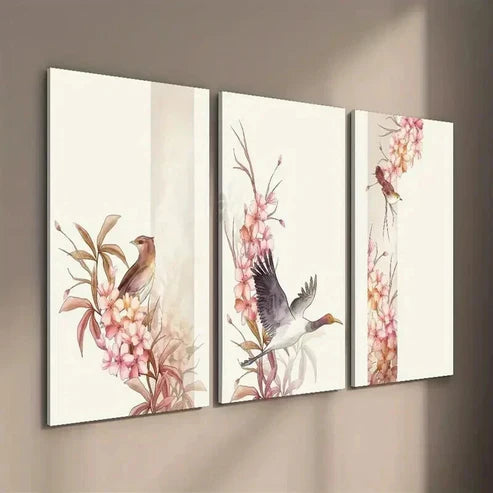 3pcs Bird and Botanical Flower Illustration Wall Art Set Canvas Unframed - High Quality Print 100% Australian Made Wall Canvas
