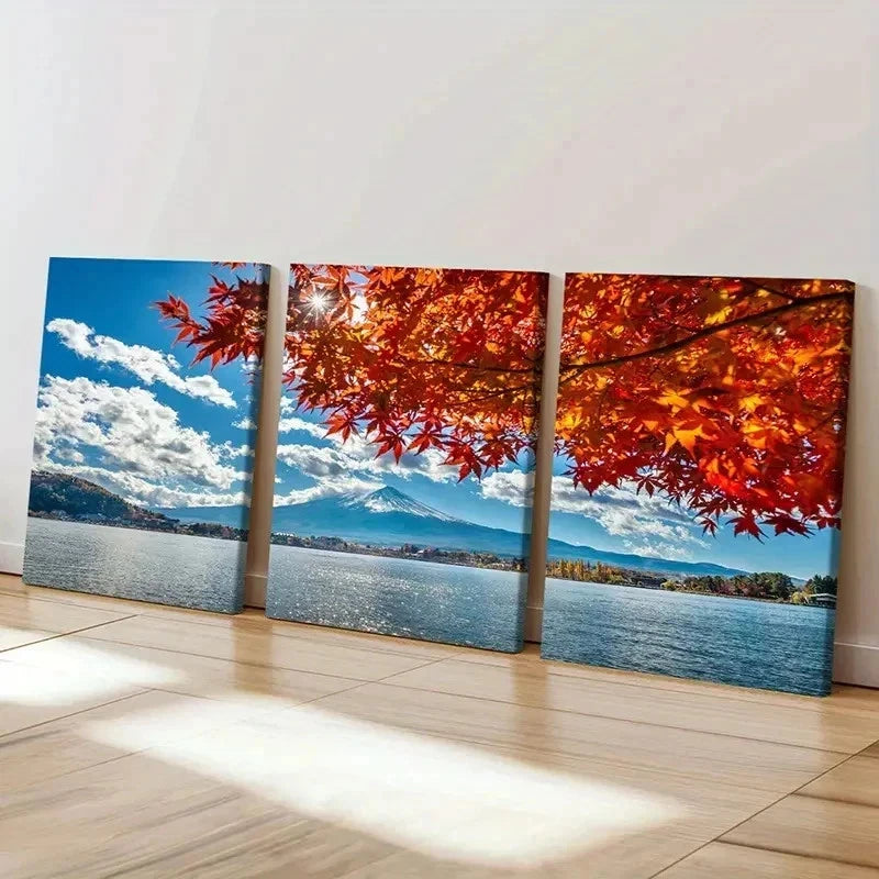 3pcs Nature Sea Mountains Maple Leaves Wall Art Set Canvas Framed 60x90cm - High Quality Print 100% Australian Made Wall Canvas Ready to Hang - Bella Home Decor