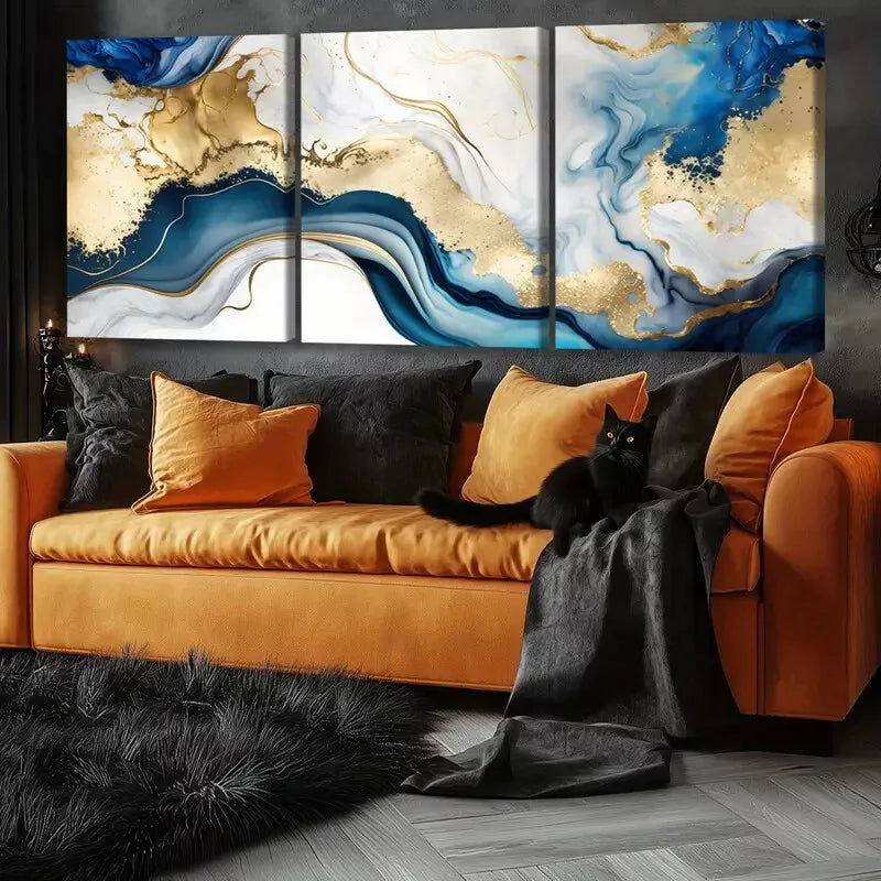 3pcs Abstract Swirls Of Painting In Colors Of Blue & Gold Canvas Framed 40x60cm - High Quality Print 100% Australian Made Wall Canvas Ready to Hang - Bella Home Decor