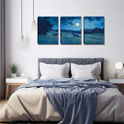 3pcs Realistic Horse and Moonlit Lands Perfect Wall Art Set Canvas Framed 40x60cm - High Quality Print 100% Australian Made Wall Canvas Ready to Hang - Bella Home Decor