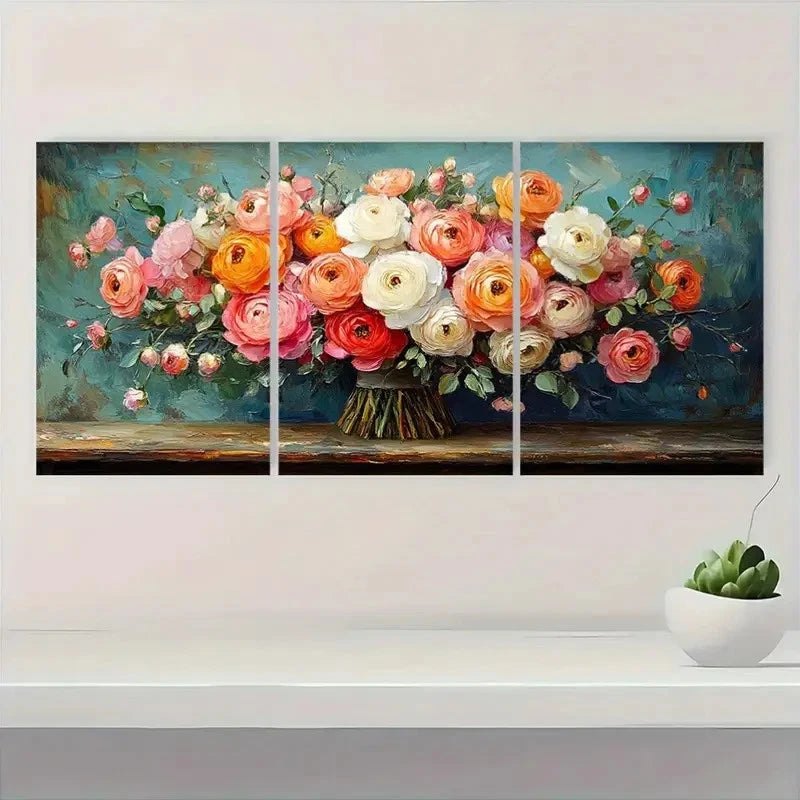 3pcs Vibrant Roses & Peonies in Blue Vase  RP   Wall Art Set Canvas FrMamed 40x60cm - High Quality Print 100% Australian Made Wall Canvas Ready to Hang - Bella Home Decor