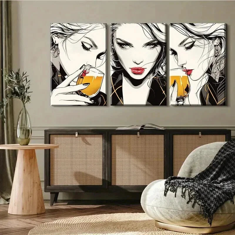 3pcs Women Drinking Cocktail Chic Poses Perfect Wall Art Set Canvas Framed 50x70cm - High Quality Print 100% Australian Made Wall Canvas Ready to Hang - Bella Home Decor