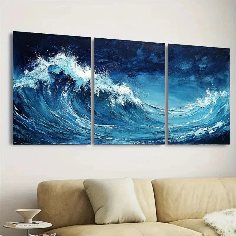 3pcs Coastal Wave Blue, Polyester Fiber Wrapped Wall Art Set Canvas Framed 40x60cm - High Quality Print 100% Australian Made Wall Canvas Ready to Hang - Bella Home Decor