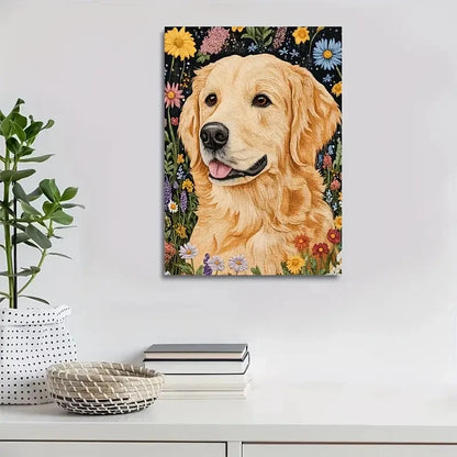 Beautiful Golden Retriever Dog Vibrant Floral Painting 40x60cm Metal Print Ready to Hang - Bella Home Decor