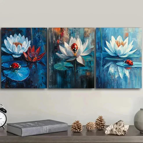 3pcs Ladybugs on Water Lilies Dark Blue Perfect Wall Art Set Canvas Unframed - High Quality Print 100% Australian Made Wall Canvas