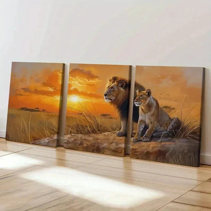 3pcs Lion Couple Sunset Grassland Majesty Wall Art Set Canvas Framed 50x70cm - High Quality Print 100% Australian Made Wall Canvas Ready to Hang - Bella Home Decor