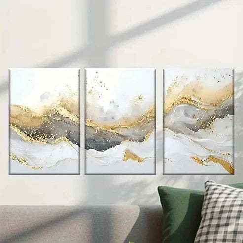 3pcs Golden & White Marble Design Wall Art Canvas Unframed - High Quality Print 100% Australian Made Wall Canvas - Bella Home Decor
