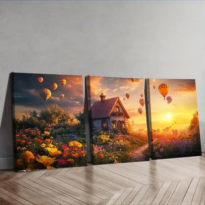 3pcs Floral Cottage & Hot Air Balloons Sun Shine Sky Perfect Wall Art Set Canvas Unframed - High Quality Print 100% Australian Made Wall Canvas