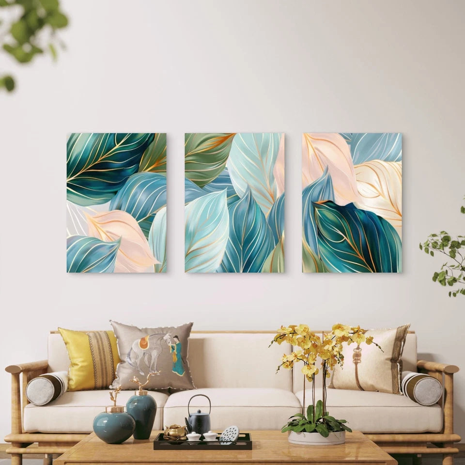 3pcs Golden Line Veins Stripe Emerald Leaves Wall Art Set Canvas Framed 40x60cm - High Quality Print 100% Australian Made Wall Canvas Ready to Hang - Bella Home Decor