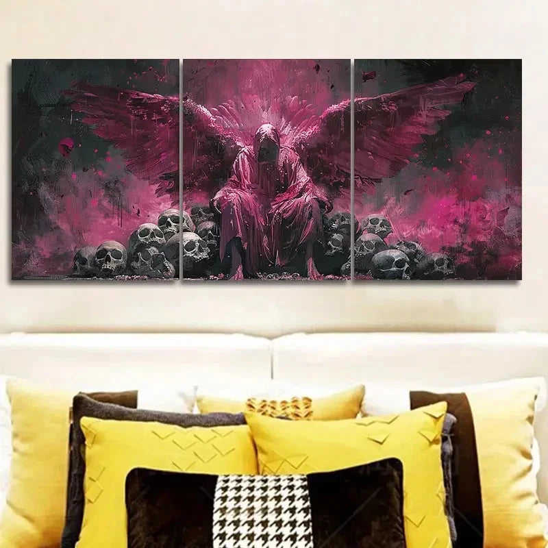3pcs Angel Falling into BonesPink Wings and Skulls Metal Print Ready to Hang Art - Bella Home Decor